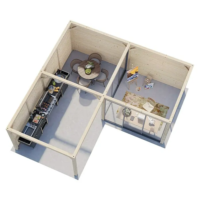 Palmako Caseta de jardín Lenna Set 711 Slide Plus - Medidas ext. (An x Pr): 628 x 628 cm, Madera, Natural - Vista de una casa de madera con cocina, comedor y estudio de arte. Diseño luminoso y moderno con mucha luz natural.