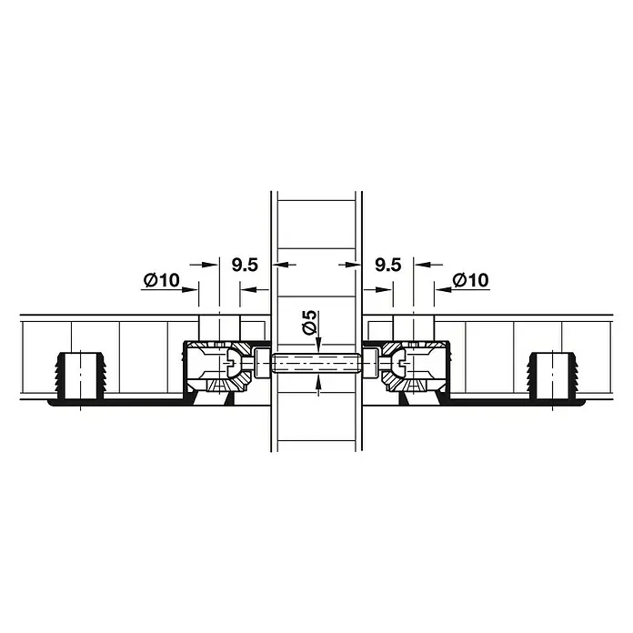 Häfele Casquillo roscado - Largo: 18 mm, Específico para: Espesor de la madera 24 - 29 mm - Dibujo técnico de una conexión de puerta de armario con especificaciones de dimensiones detalladas para la construcción y el montaje.