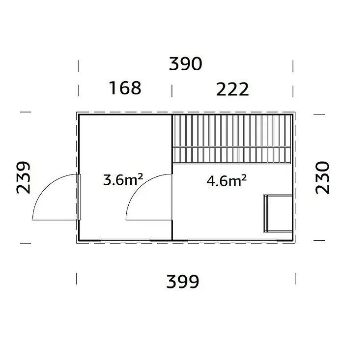 Palmako Saunahaus - Ohne Ofen, Natur, L x B x H: 239 x 399 x 250 cm - Grundriss eines Hauses mit zwei Räumen, 3.6m² und 4.6m², mit Bemaßung und Türöffnungen.