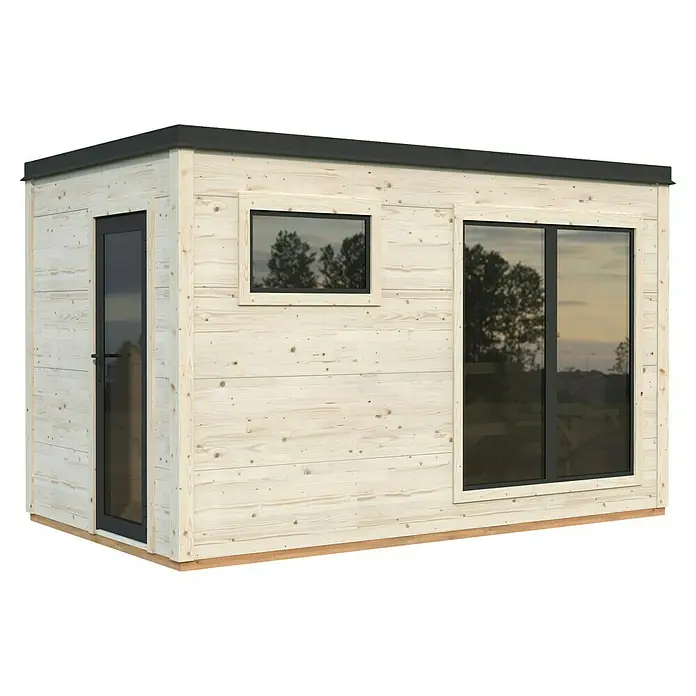 Palmako Saunahaus - Ohne Ofen, Natur, L x B x H: 239 x 399 x 250 cm - Ein modernes Holzgartenhaus mit Tür und Fenstern, das sich perfekt als Büro oder Gästezimmer im Freien eignet.