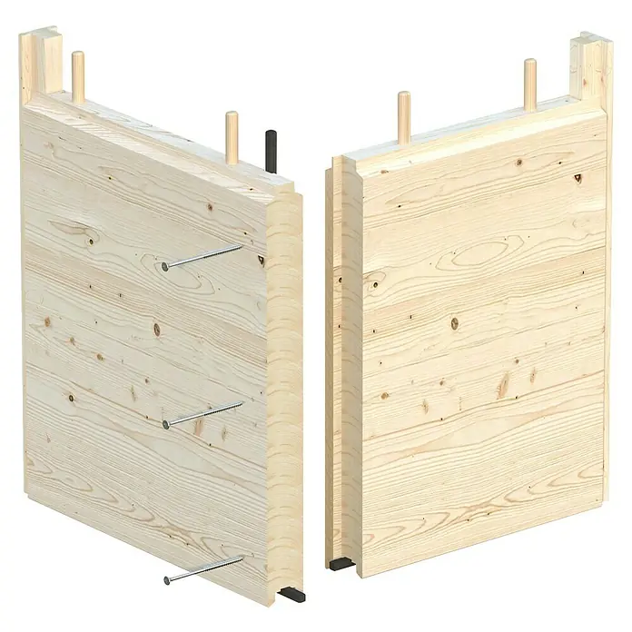 Palmako Saunahaus - Ohne Ofen, Natur, L x B x H: 238 x 261 x 250 cm - Eine detaillierte Ansicht eines Holzrahmenelements, das die Konstruktion und Verbindungstechniken zeigt, ideal für Bauprojekte.