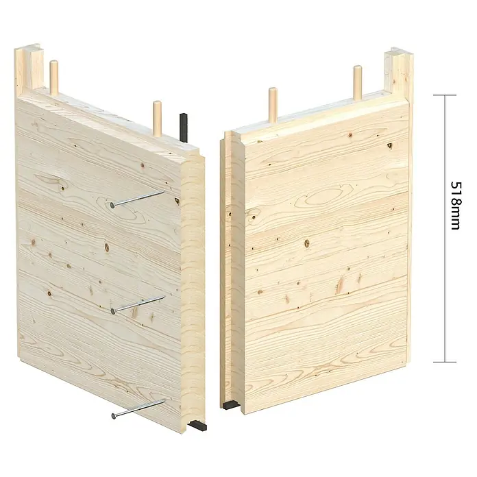 Palmako Saunahaus - Ohne Ofen, Natur, L x B x H: 238 x 261 x 250 cm - Abbildung von zwei Holzwandelementen, verbunden mit Schrauben, mit einer Höhenangabe von 518mm.