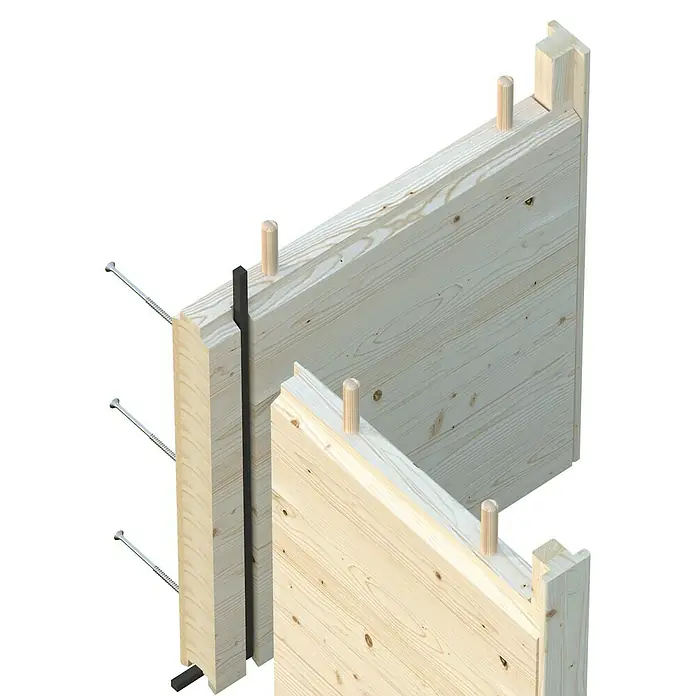Palmako Saunahaus - Ohne Ofen, Natur, L x B x H: 238 x 261 x 250 cm - Detailansicht einer Holzwandkonstruktion mit Dübeln, Schrauben und einer schwarzen Dichtung. Die Konstruktion zeigt die Verbindungstechnik im Detail.