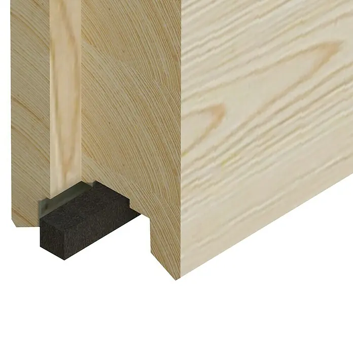Palmako Saunahaus - Ohne Ofen, Natur, L x B x H: 238 x 261 x 250 cm - Detailaufnahme von Holzbauelementen, die die natürliche Maserung und die Konstruktion hervorheben. Verbindungselemente sind sichtbar.
