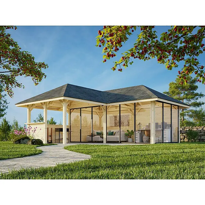 Palmako Caseta de jardín Bianca Set 523 Slide Plus - Medidas ext. (An x Pr): 672 x 672 cm, Madera, Natural - Una moderna caseta de jardín con paredes de cristal y techo gris, rodeada de un jardín verde. Ideal para relajarse y trabajar al aire libre.