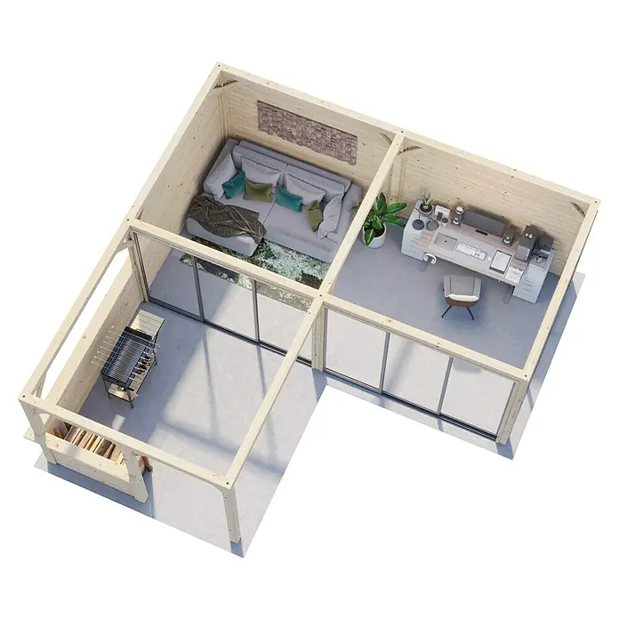 Palmako Caseta de jardín Bianca Set 523 Slide Plus - Medidas ext. (An x Pr): 672 x 672 cm, Madera, Natural - Una casa de madera luminosa con sala de estar con sofá y cojines, una oficina con escritorio y ordenador, y una zona de barbacoa al aire libre.