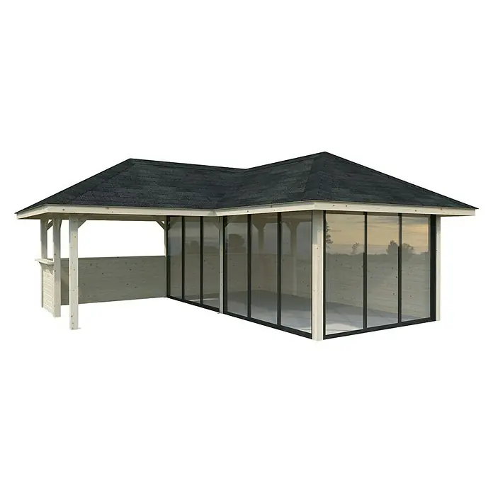 Palmako Caseta de jardín Bianca Set 523 Slide Plus - Medidas ext. (An x Pr): 672 x 672 cm, Madera, Natural - Gazebo de madera con techo oscuro, ideal para el jardín. El gazebo ofrece refugio y un complemento elegante para cualquier espacio exterior.