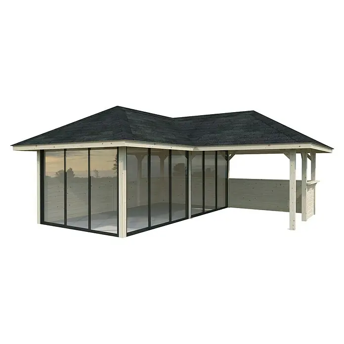 Palmako Caseta de jardín Bianca Set 523 Slide Plus - Medidas ext. (An x Pr): 672 x 672 cm, Madera, Natural - La imagen muestra una glorieta de madera con techo oscuro, ideal para relajarse al aire libre y disfrutar del jardín.