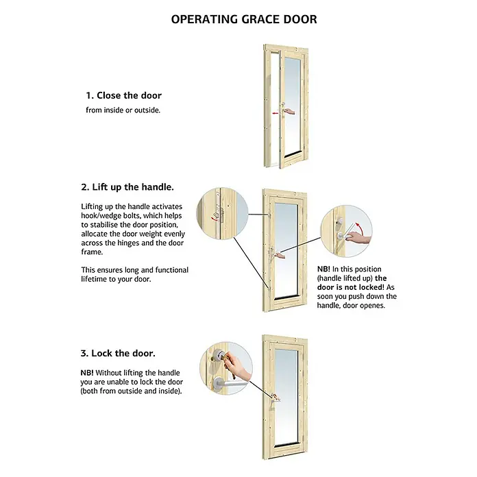 Palmako Caseta de jardín Grace - Medidas ext. (An x Pr): 483 x 497 cm, Madera, Natural - Instrucciones de la puerta Grace: cerrar, levantar la manija para estabilizar y bloquear para un funcionamiento óptimo.