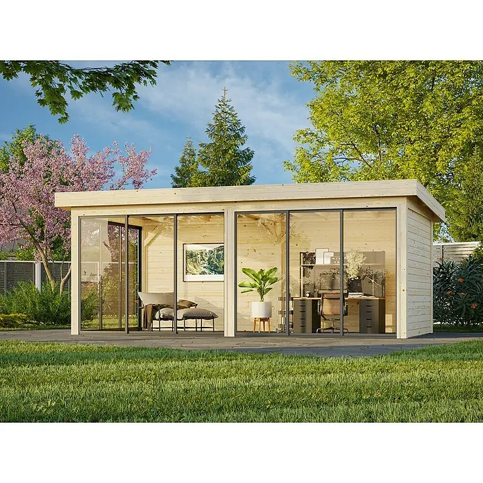 Palmako Caseta de jardín Lenna Set 702 Slide Plus - Medidas ext. (An x Pr): 628 x 340 cm, Madera, Natural - La imagen muestra una moderna caseta de jardín de madera con grandes frentes de vidrio, que sirve como una elegante oficina o refugio al aire libre.
