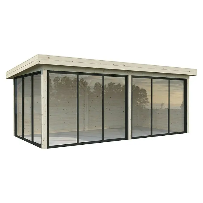 Palmako Caseta de jardín Lenna Set 702 Slide Plus - Medidas ext. (An x Pr): 628 x 340 cm, Madera, Natural - Imagen de una moderna casa de jardín de madera con grandes fachadas de vidrio que crean un espacio luminoso y abierto.