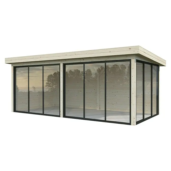 Palmako Caseta de jardín Lenna Set 702 Slide Plus - Medidas ext. (An x Pr): 628 x 340 cm, Madera, Natural - Esta imagen muestra una moderna casa de jardín con frentes de vidrio y un techo de madera clara, perfecta para exteriores.