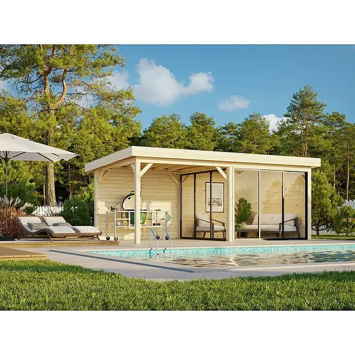 Palmako Caseta de jardín Lenna Set 705 Slide Plus - Medidas ext. (An x Pr): 628 x 340 cm, Madera, Natural - Atractiva zona de piscina con un elegante pabellón de madera, ideal para la relajación y el ocio.