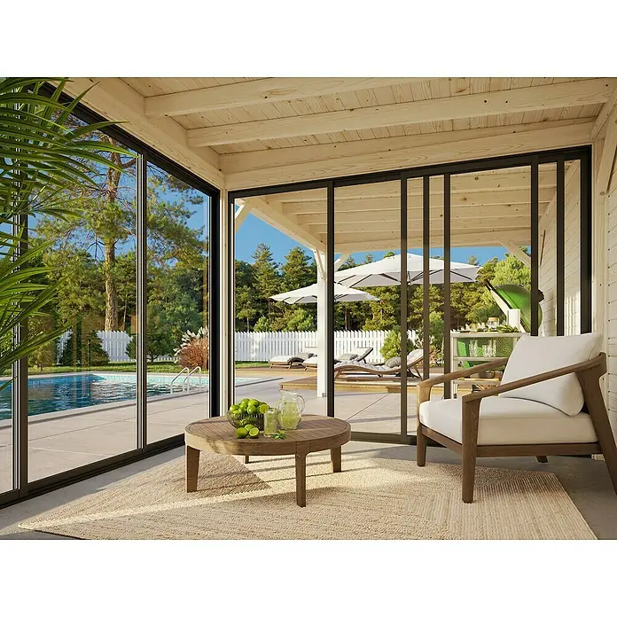 Palmako Caseta de jardín Lenna Set 705 Slide Plus - Medidas ext. (An x Pr): 628 x 340 cm, Madera, Natural - Relájese en un sillón elegante en la veranda con vistas a la piscina, una combinación perfecta de confort y belleza natural.