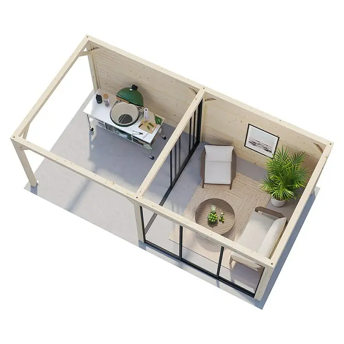 Palmako Caseta de jardín Lenna Set 705 Slide Plus - Medidas ext. (An x Pr): 628 x 340 cm, Madera, Natural - Visión de una moderna caseta de jardín con zona de barbacoa y rincón para sentarse, perfecto para momentos relajantes al aire libre. Diseño de alta calidad.