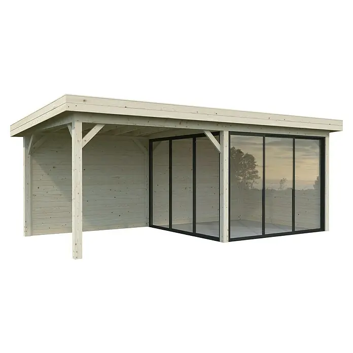 Palmako Caseta de jardín Lenna Set 705 Slide Plus - Medidas ext. (An x Pr): 628 x 340 cm, Madera, Natural - Una caseta de jardín de madera clara con puertas correderas acristaladas ofrece refugio y amplía el espacio habitable al aire libre. Ideal para amantes del jardín.