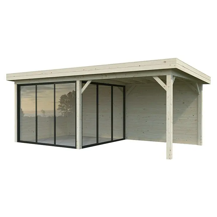 Palmako Caseta de jardín Lenna Set 705 Slide Plus - Medidas ext. (An x Pr): 628 x 340 cm, Madera, Natural - Imagen de un pabellón de madera con frente de vidrio y zona lateral abierta, ideal para el jardín.