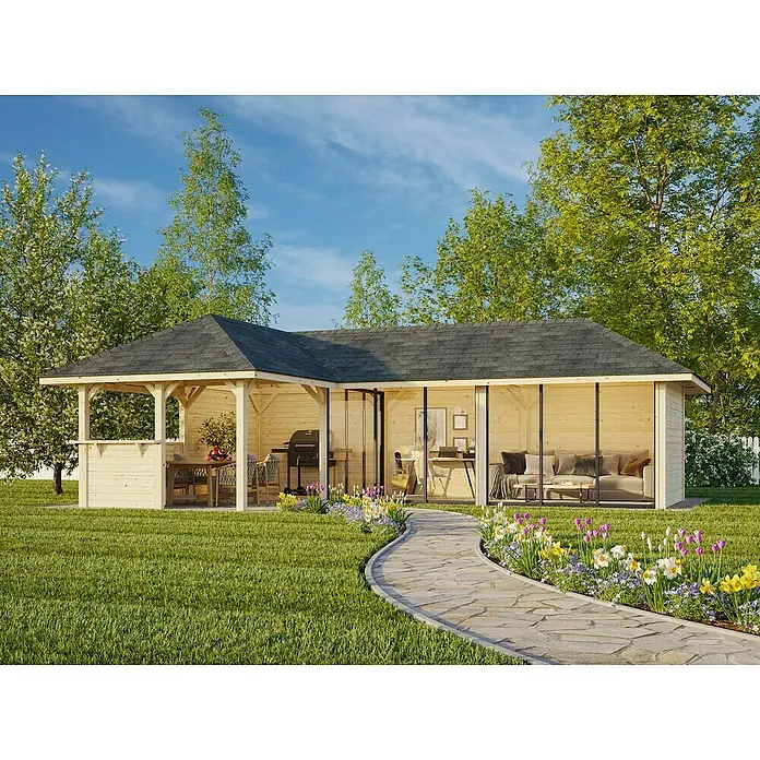 Palmako Caseta de jardín Bianca Set 520 Slide Plus - Medidas ext. (An x Pr): 960 x 672 cm, Madera, Natural - La imagen muestra una moderna casa de jardín con zona de barbacoa y espacio habitable, rodeada de césped cuidado y flores.