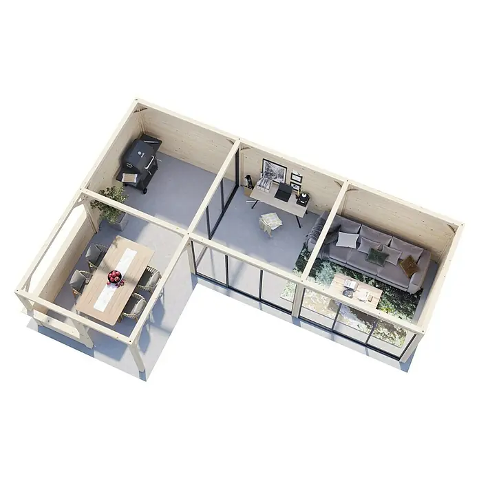 Palmako Caseta de jardín Bianca Set 520 Slide Plus - Medidas ext. (An x Pr): 960 x 672 cm, Madera, Natural - Vista de una moderna casa de jardín con zona de barbacoa, comedor, oficina y sala de estar, ideal para relajarse y trabajar al aire libre.
