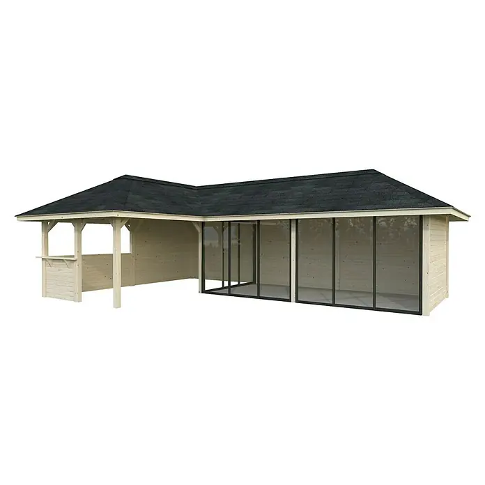 Palmako Caseta de jardín Bianca Set 520 Slide Plus - Medidas ext. (An x Pr): 960 x 672 cm, Madera, Natural - Imagen de un pabellón de madera con detalles negros. Ofrece un espacio exterior cómodo y elegante para la relajación y el ocio.