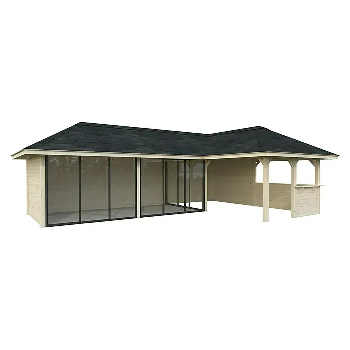 Palmako Caseta de jardín Bianca Set 520 Slide Plus - Medidas ext. (An x Pr): 960 x 672 cm, Madera, Natural - Una caseta de jardín de madera clara con techo oscuro, que ofrece un ambiente acogedor para horas de relax al aire libre y complementa perfectamente cualquier jardín.