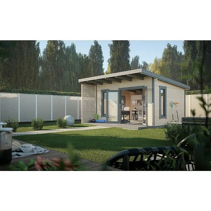 Palmako Caseta de jardín Grace - Medidas ext. (An x Pr): 483 x 497 cm, Madera, Natural - Una casa de jardín luminosa con detalles grises y puertas de vidrio abiertas sobre un césped verde frente a árboles.