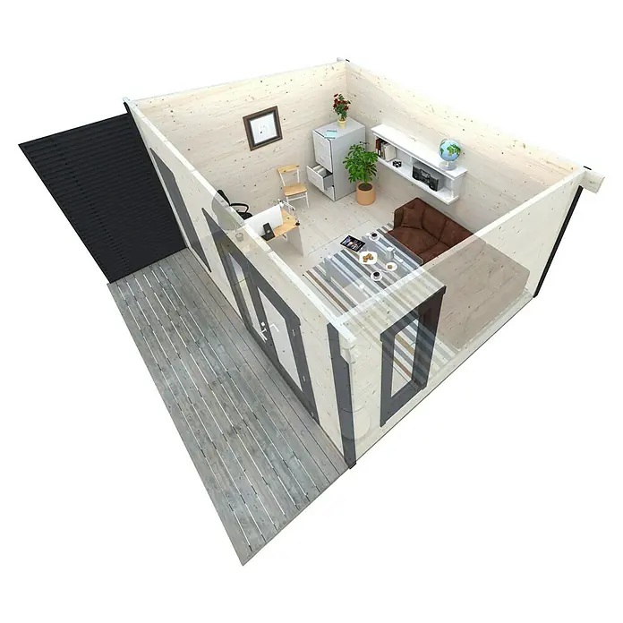 Palmako Caseta de jardín Grace - Medidas ext. (An x Pr): 483 x 497 cm, Madera, Natural - Vista interior de una casa de madera moderna con zona de trabajo, asientos de salón y soluciones de almacenamiento. El espacio es luminoso y acogedor.
