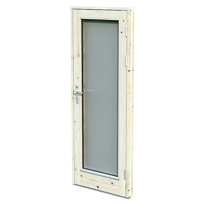 Palmako Caseta de jardín Grace - Medidas ext. (An x Pr): 483 x 497 cm, Madera, Natural - Una puerta de madera con una gran ventana de vidrio y una manija plateada. La puerta tiene bisagras blancas y una veta de madera natural.
