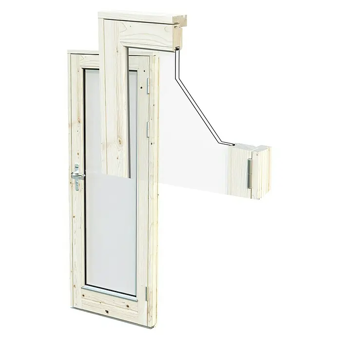Palmako Caseta de jardín Grace - Medidas ext. (An x Pr): 483 x 497 cm, Madera, Natural - Vista de una puerta de madera con un panel de vidrio transparente, mostrando su detallado perfil de marco y herrajes.