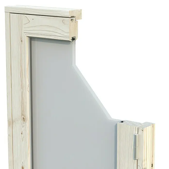 Palmako Caseta de jardín Grace - Medidas ext. (An x Pr): 483 x 497 cm, Madera, Natural - Una vista cercana de un marco de puerta de madera sujeto a una pared gris, destacando los detalles de la veta de la madera.