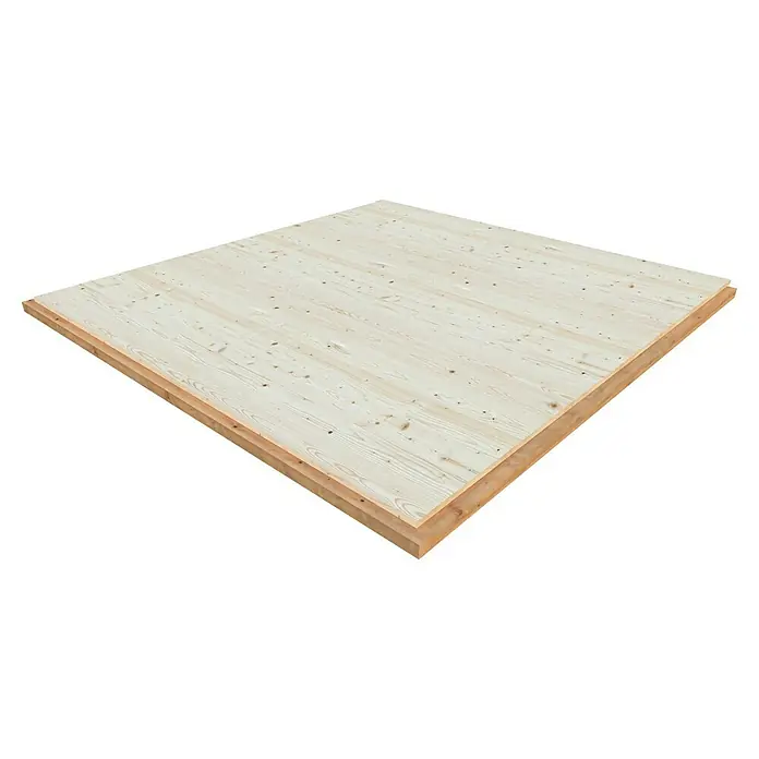Palmako Caseta de jardín Grace - Medidas ext. (An x Pr): 483 x 497 cm, Madera, Natural - Primer plano de un panel de madera multicapa, destacando el grano y la textura de la madera, ideal para proyectos de construcción o diseño.