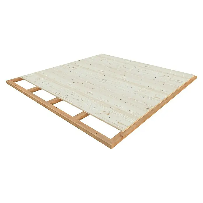Palmako Caseta de jardín Grace - Medidas ext. (An x Pr): 483 x 497 cm, Madera, Natural - Vista de una terraza de madera con una superficie de madera clara y una estructura robusta, ideal para exteriores.