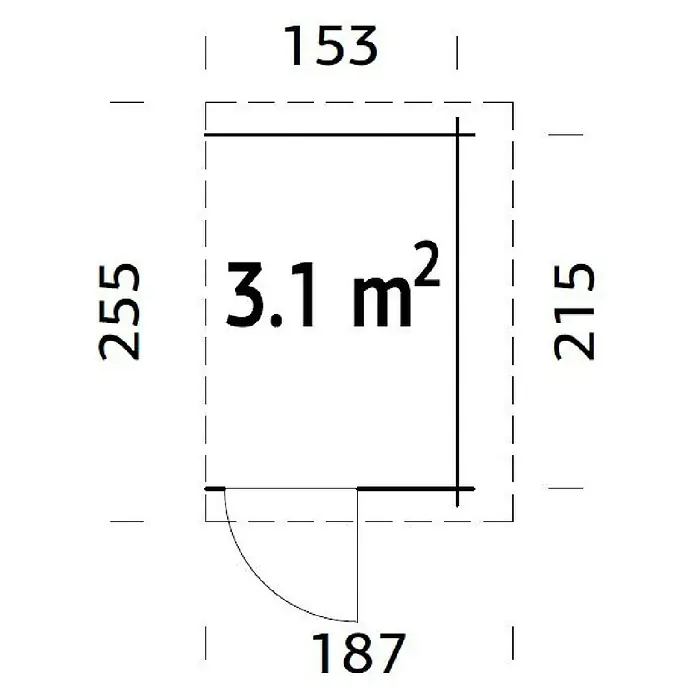 Palmako Caseta de jardín adosada - Medidas ext. (An x Pr): 255 x 187 cm, Madera, Natural - Plano de una habitación pequeña con puerta, dimensiones 153x255 cm y 187x215 cm. La superficie de la habitación es de 3.1 m².