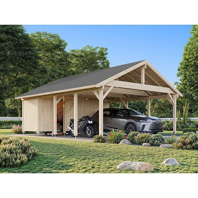 Palmako Carport doble con trastero Classico Robert (Medidas ext. (An x Pr): 600 x 762 cm, Carport doble, Natural) | BAUHAUS