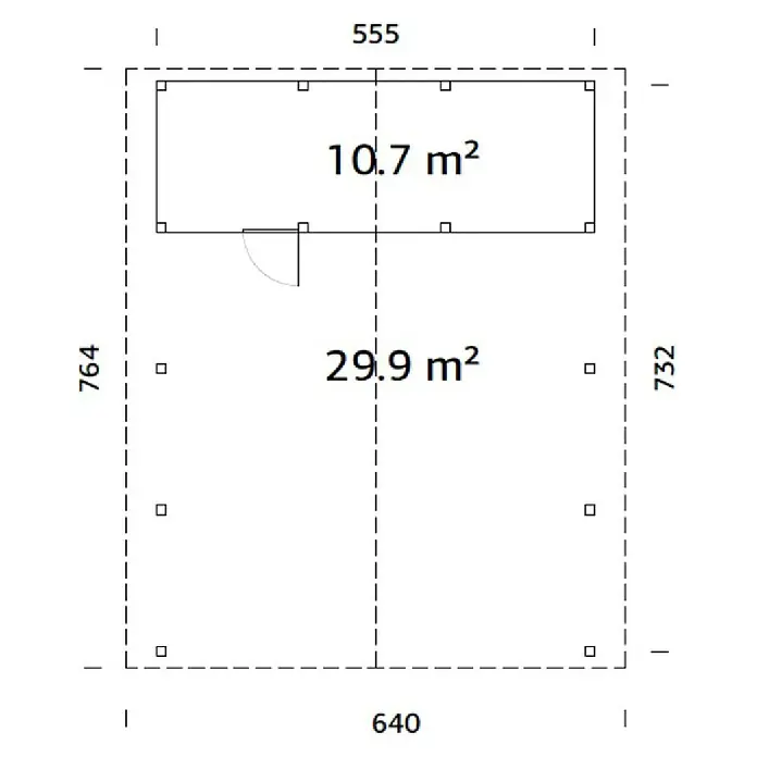 Palmako Carport con trastero Classico Robert - Medidas ext. (An x Pr): 600 x 762 cm, Carport doble, Natural - Plano de la casa con especificaciones de área para varias áreas, mostrado en vista técnica.