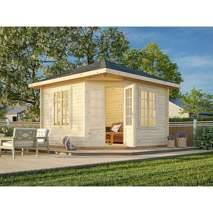 Palmako Caseta de jardín Melanie - Medidas ext. (An x Pr): 400 x 400 cm, Madera, Natural, 9,9 m² - Caseta de jardín de madera con puertas dobles y ventanas en un patio, con muebles de jardín y cestas decorativas para una estancia relajante en el jardín.