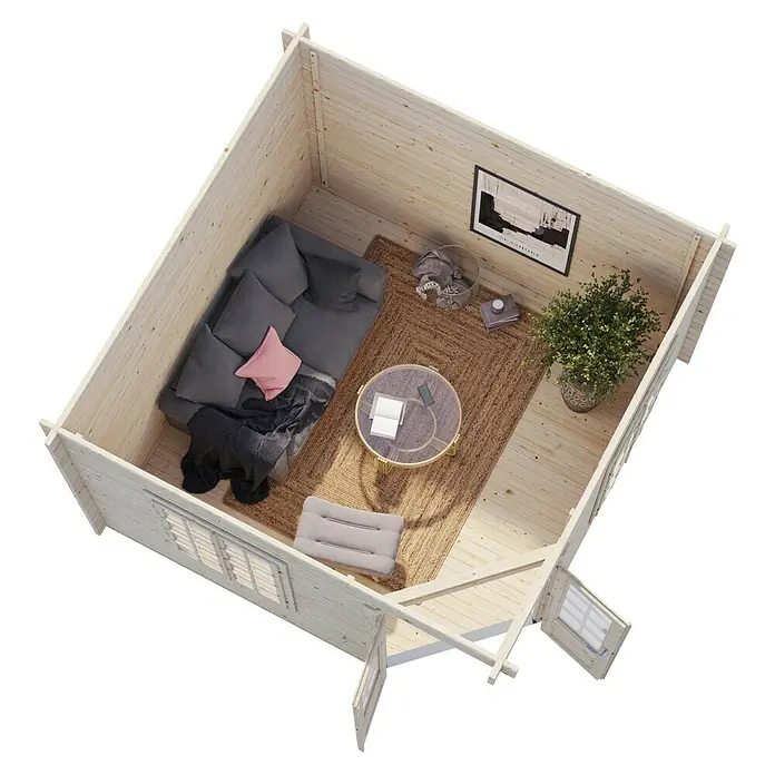 Palmako Caseta de jardín Melanie - Medidas ext. (An x Pr): 400 x 400 cm, Madera, Natural, 9,9 m² - Vista aérea de una acogedora cabaña de madera con sofá, alfombra y mesa de centro, perfecta para relajarse. Un complemento ideal para cualquier jardín.