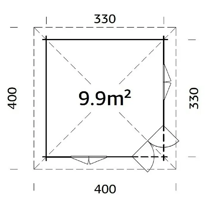 Palmako Caseta de jardín Melanie - Medidas ext. (An x Pr): 400 x 400 cm, Madera, Natural, 9,9 m² - Plano de planta de un edificio rectangular con dimensiones y una superficie de 9,9 m². El dibujo es detallado y a escala.