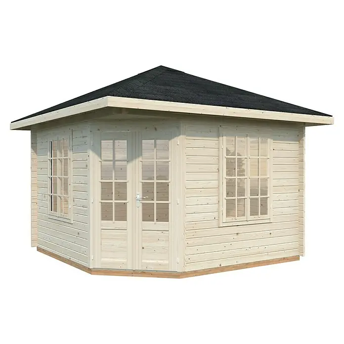 Palmako Caseta de jardín Melanie - Medidas ext. (An x Pr): 400 x 400 cm, Madera, Natural, 9,9 m² - Vista exterior de una caseta de jardín de madera con ventanas y una puerta doble bajo un techo negro. La estructura de madera irradia naturalidad.