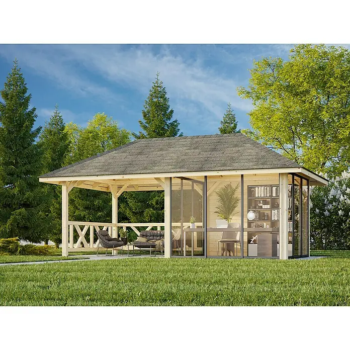 Palmako Caseta de jardín Bianca Set 204 Slide - Medidas ext. (An x Pr): 672 x 384 cm, Madera, Natural - Una casa de jardín moderna con estructura de madera, paredes de vidrio y tejas grises, rodeada de vegetación. Ideal para trabajar o relajarse al aire libre.