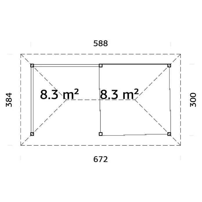 Palmako Caseta de jardín Bianca Set 504 Slide Plus - Medidas ext. (An x Pr): 672 x 384 cm, Madera, Natural - Plano de planta de una casa de madera de 672 x 384 cm, que consta de dos habitaciones de 8,3 m² cada una.