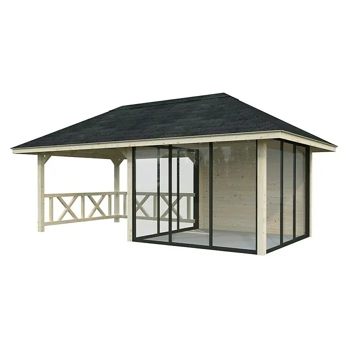 Palmako Caseta de jardín Bianca Set 204 Slide - Medidas ext. (An x Pr): 672 x 384 cm, Madera, Natural - Imagen que muestra una elegante glorieta de madera con un techo oscuro y paneles de vidrio transparente, perfecta para cualquier jardín.