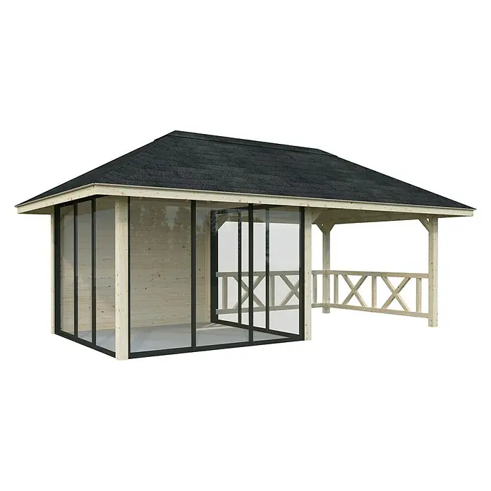 Palmako Caseta de jardín Bianca Set 204 Slide - Medidas ext. (An x Pr): 672 x 384 cm, Madera, Natural - Gazebo de madera con marcos negros, perfecto para el jardín que ofrece sombra y protección contra los elementos.