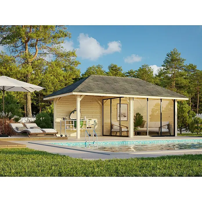Palmako Caseta de jardín Bianca Set 505 Slide Plus - Medidas ext. (An x Pr): 672 x 384 cm, Madera, Natural - Una elegante caseta de piscina de madera con paredes de cristal, un complemento elegante para cualquier jardín. Diseño de lujo con parrilla y salón.