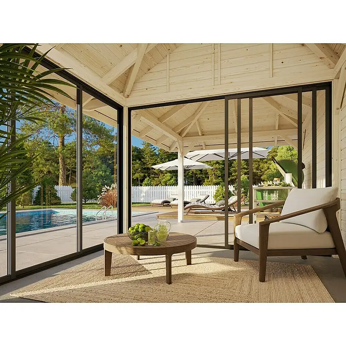 Palmako Caseta de jardín Bianca Set 505 Slide Plus - Medidas ext. (An x Pr): 672 x 384 cm, Madera, Natural - Acogedora veranda con un sillón y una mesa redonda con refrescos, ideal para relajarse. Disfruta de las vistas a la piscina.