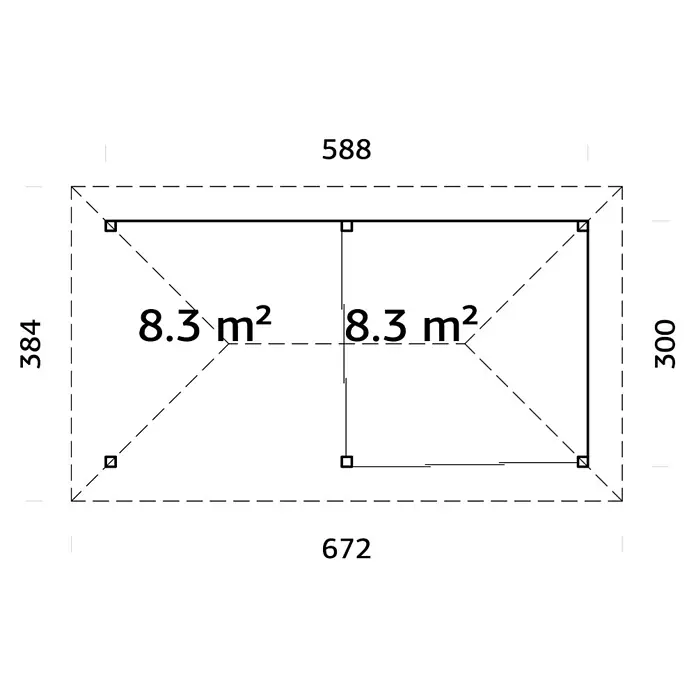 Palmako Caseta de jardín Bianca Set 505 Slide Plus - Medidas ext. (An x Pr): 672 x 384 cm, Madera, Natural - Plano de planta de un edificio con indicaciones de áreas y dimensiones externas, ofreciendo una visión clara de la distribución.