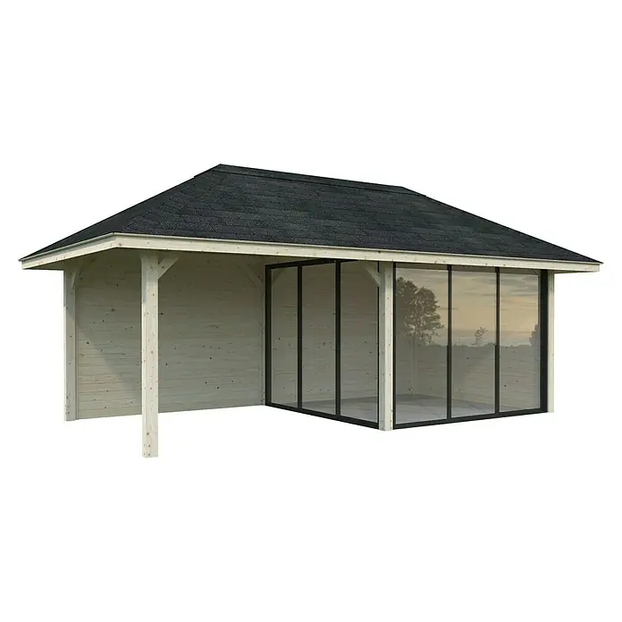 Palmako Caseta de jardín Bianca Set 505 Slide Plus - Medidas ext. (An x Pr): 672 x 384 cm, Madera, Natural - Primer plano de un moderno pabellón con paredes de vidrio y techo oscuro.