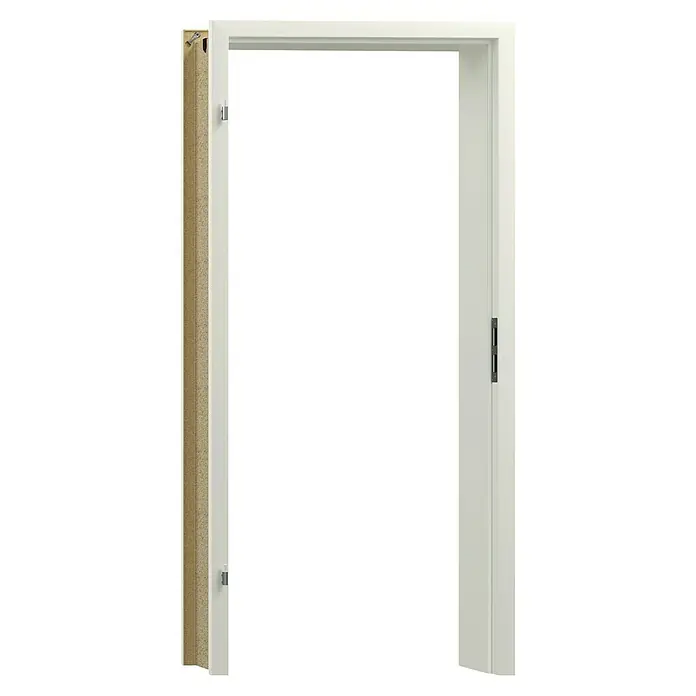 GetaDoor Laminit Türzarge GL 222 - 860 x 2.110 mm, Wandstärke: 205 mm, DIN Anschlag: Links, Arctic Weiß - Ein weißer Türrahmen mit sichtbarer Wandkonstruktion, ideal für moderne Innenräume, bietet einen klaren, minimalistischen Look.
