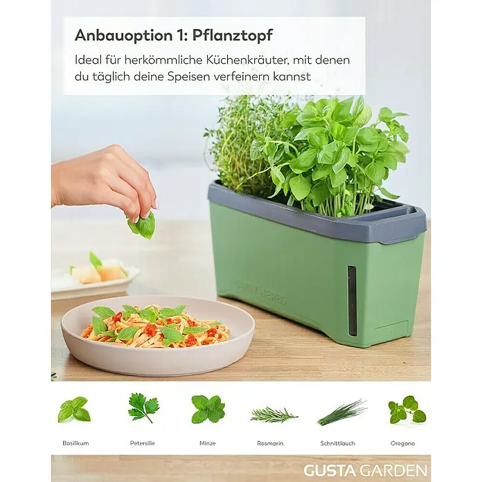 Gusta Garden Anzucht-Set Stadtkräutergarten Set - 6 -tlg., Dunkelgrau - Kräutergarten-Set mit Pflanztopf, ideal für Küchenkräuter, um Speisen zu verfeinern. Enthält Basilikum, Petersilie, Minze, Rosmarin, Schnittlauch und Oregano.