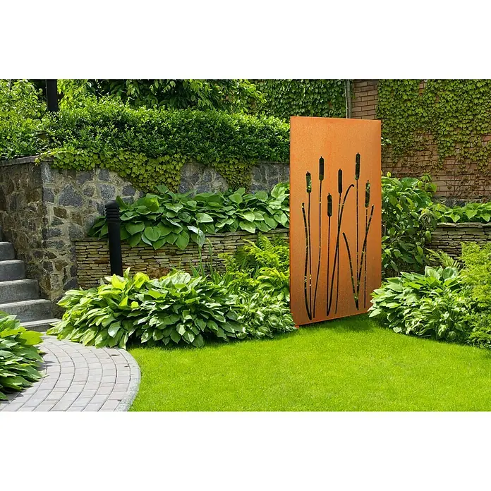 Palatino Space Vertical Sichtschutzelement Litore - 87 x 180 cm, Edelrost, Litore - Rostfarbene Gartenskulptur mit ausgeschnittenen Rohrkolben-Motiven, die einen Hauch von Natur in jeden Garten bringt.